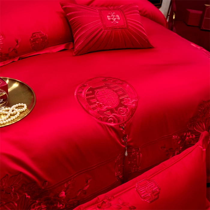 91家纺网 家纺一手货源 找家纺 红番天婚庆 2026新款全棉刺绣新中式婚庆四件套多件套 禧绣盈门-红-时尚