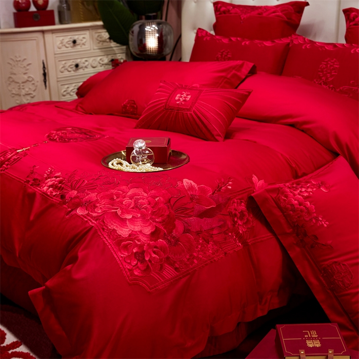 91家纺网 家纺一手货源 找家纺 红番天婚庆 2026新款全棉刺绣新中式婚庆四件套多件套 禧绣盈门-红-时尚