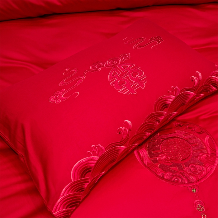 91家纺网 家纺一手货源 找家纺 红番天婚庆 2026新款全棉刺绣新中式婚庆四件套多件套 禧绣盈门-红-时尚