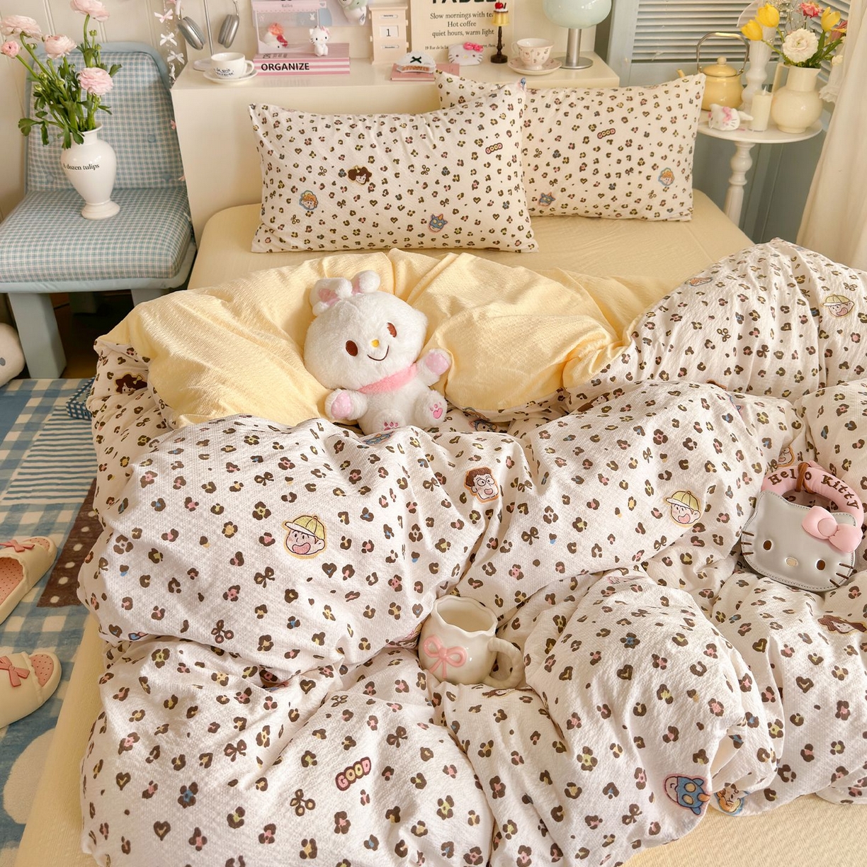 91家纺网 家纺一手货源 找家纺 优选 2026新款110g小清新高克重高品质直播热卖款A类泡芙棉双层纱四件套 好朋友