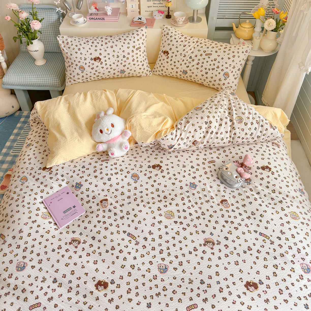 91家纺网 家纺一手货源 找家纺 优选 2026新款110g小清新高克重高品质直播热卖款A类泡芙棉双层纱四件套 好朋友