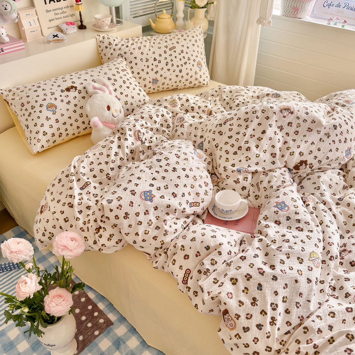 91家纺网 家纺一手货源 找家纺 优选 2026新款110g小清新高克重高品质直播热卖款A类泡芙棉双层纱四件套 好朋友