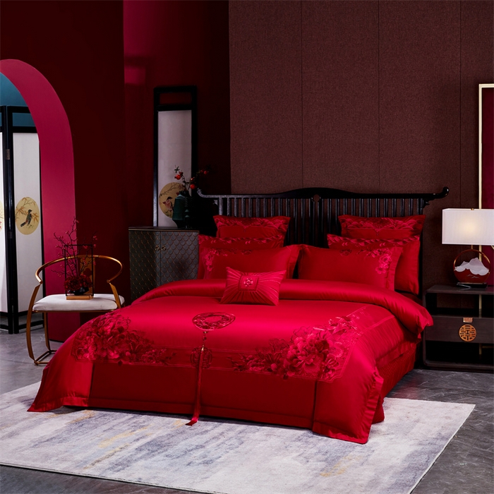 91家纺网 家纺一手货源 找家纺 红番天婚庆 2026新款全棉刺绣新中式婚庆四件套多件套 禧绣盈门-红