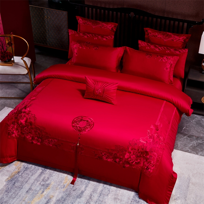 91家纺网 家纺一手货源 找家纺 红番天婚庆 2026新款全棉刺绣新中式婚庆四件套多件套 禧绣盈门-红