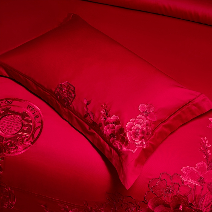 91家纺网 家纺一手货源 找家纺 红番天婚庆 2026新款全棉刺绣新中式婚庆四件套多件套 禧绣盈门-红