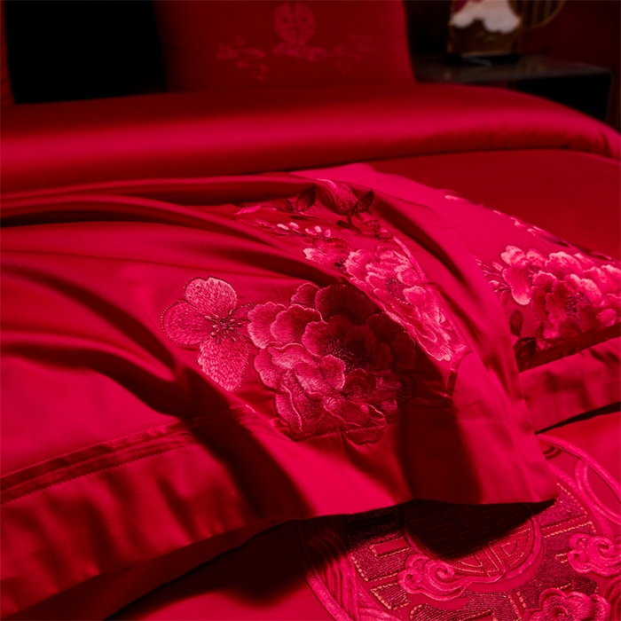 91家纺网 家纺一手货源 找家纺 红番天婚庆 2026新款全棉刺绣新中式婚庆四件套多件套 禧绣盈门-红