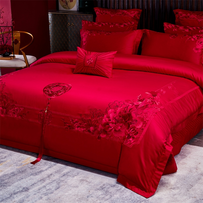 91家纺网 家纺一手货源 找家纺 红番天婚庆 2026新款全棉刺绣新中式婚庆四件套多件套 禧绣盈门-红