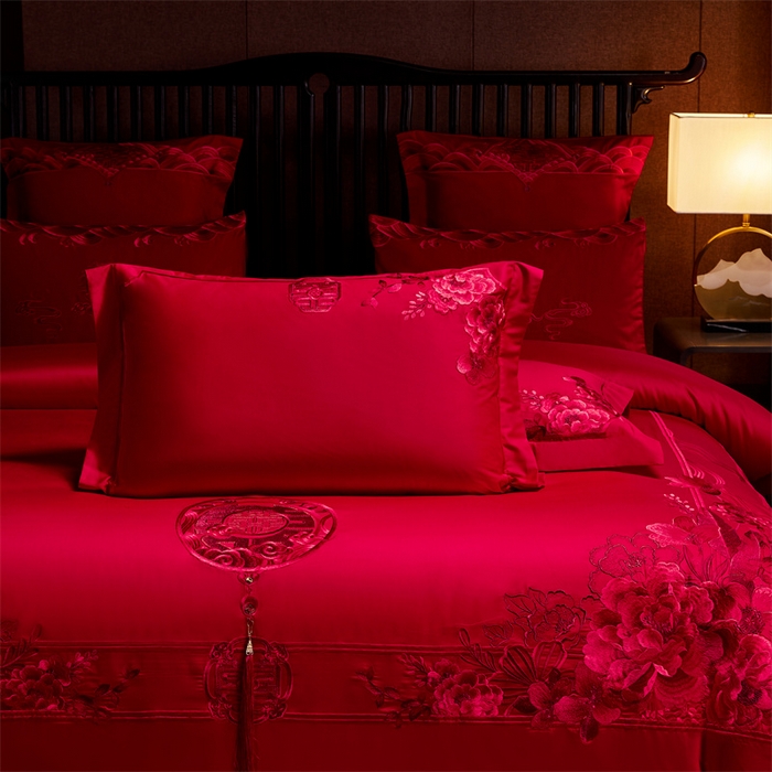 91家纺网 家纺一手货源 找家纺 红番天婚庆 2026新款全棉刺绣新中式婚庆四件套多件套 禧绣盈门-红