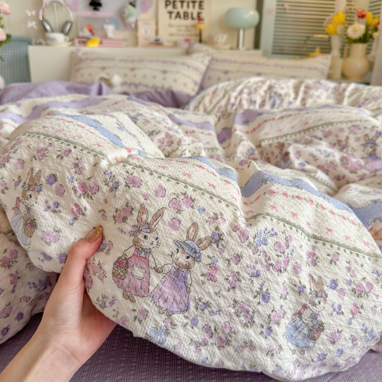 91家纺网 家纺一手货源 找家纺 优选 2026新款小清新110g高品质直播热卖款A类泡芙棉双层纱四件套 花清梦