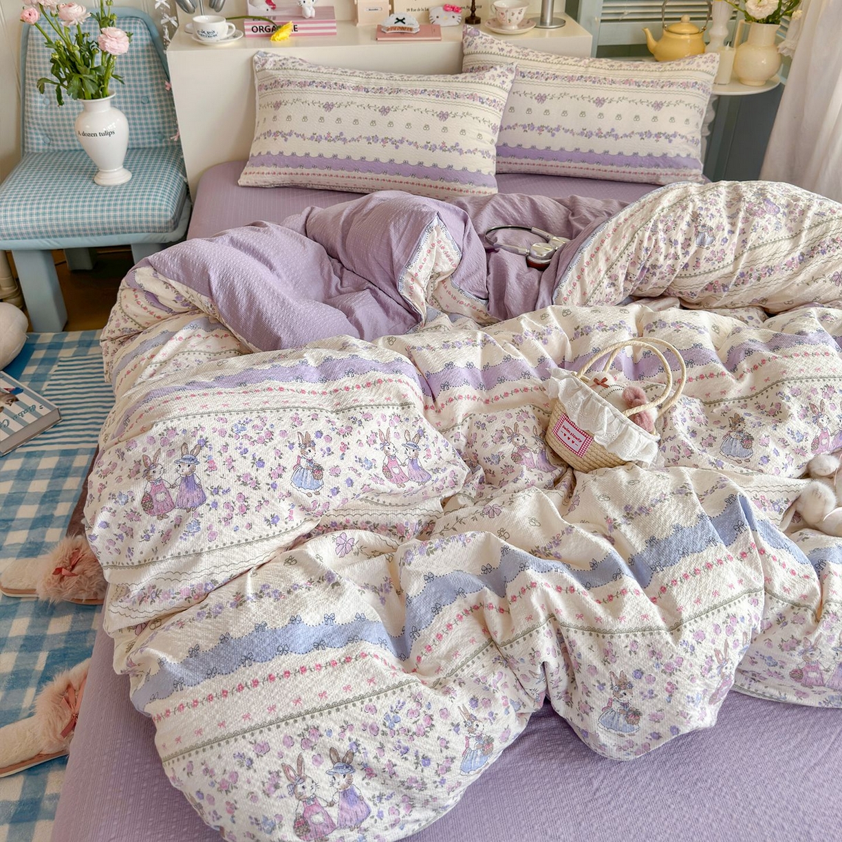 91家纺网 家纺一手货源 找家纺 优选 2026新款小清新110g高品质直播热卖款A类泡芙棉双层纱四件套 花清梦