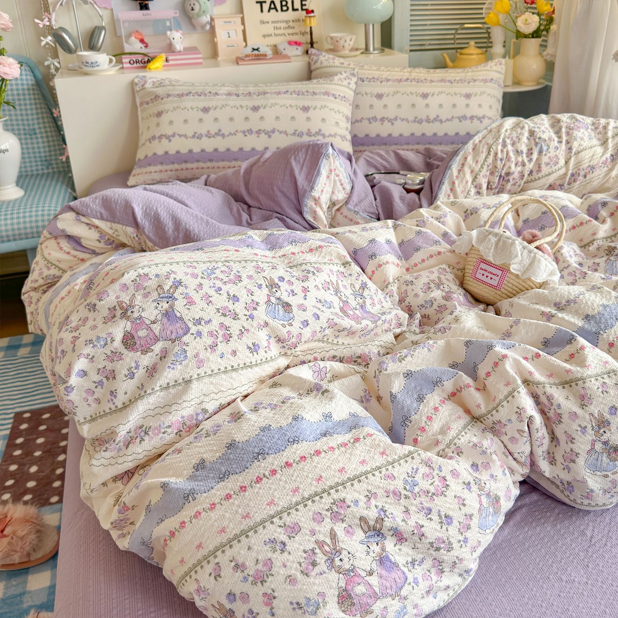 91家纺网 家纺一手货源 找家纺 优选 2026新款小清新110g高品质直播热卖款A类泡芙棉双层纱四件套 花清梦