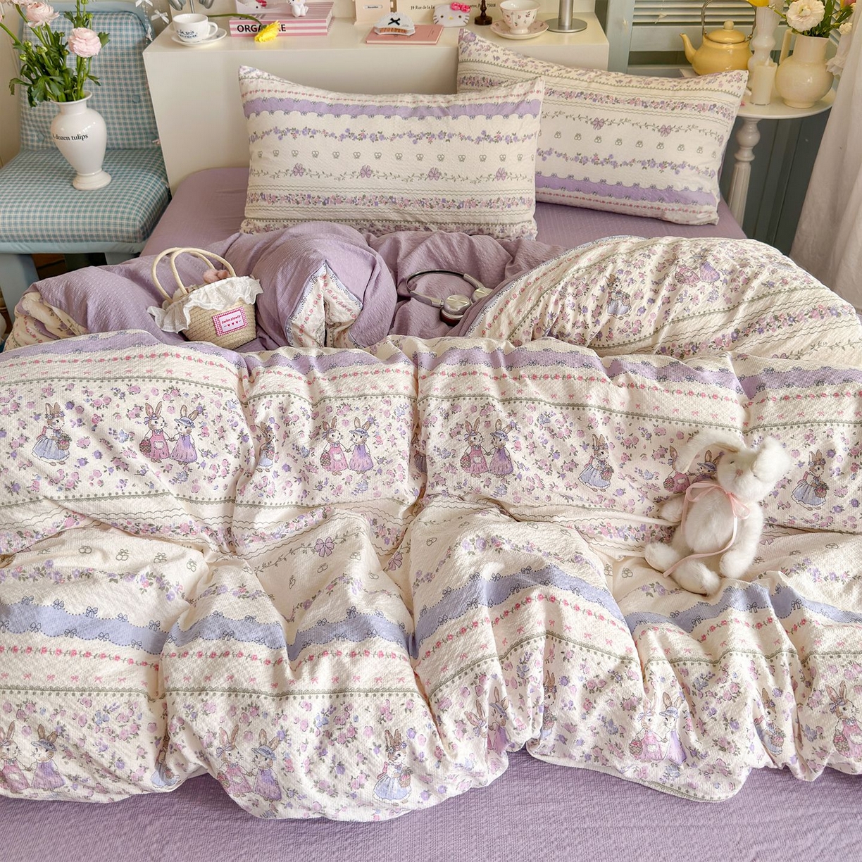 91家纺网 家纺一手货源 找家纺 优选 2026新款小清新110g高品质直播热卖款A类泡芙棉双层纱四件套 花清梦