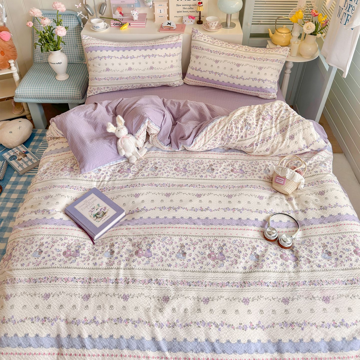 91家纺网 家纺一手货源 找家纺 优选 2026新款小清新110g高品质直播热卖款A类泡芙棉双层纱四件套 花清梦