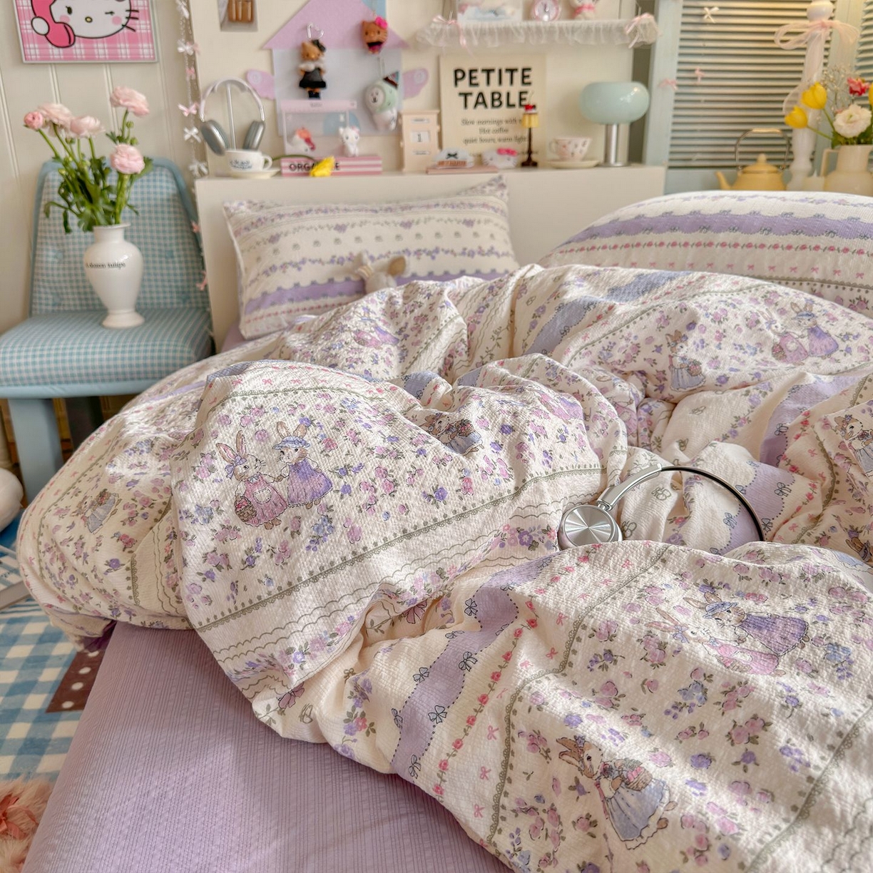 91家纺网 家纺一手货源 找家纺 优选 2026新款小清新110g高品质直播热卖款A类泡芙棉双层纱四件套 花清梦