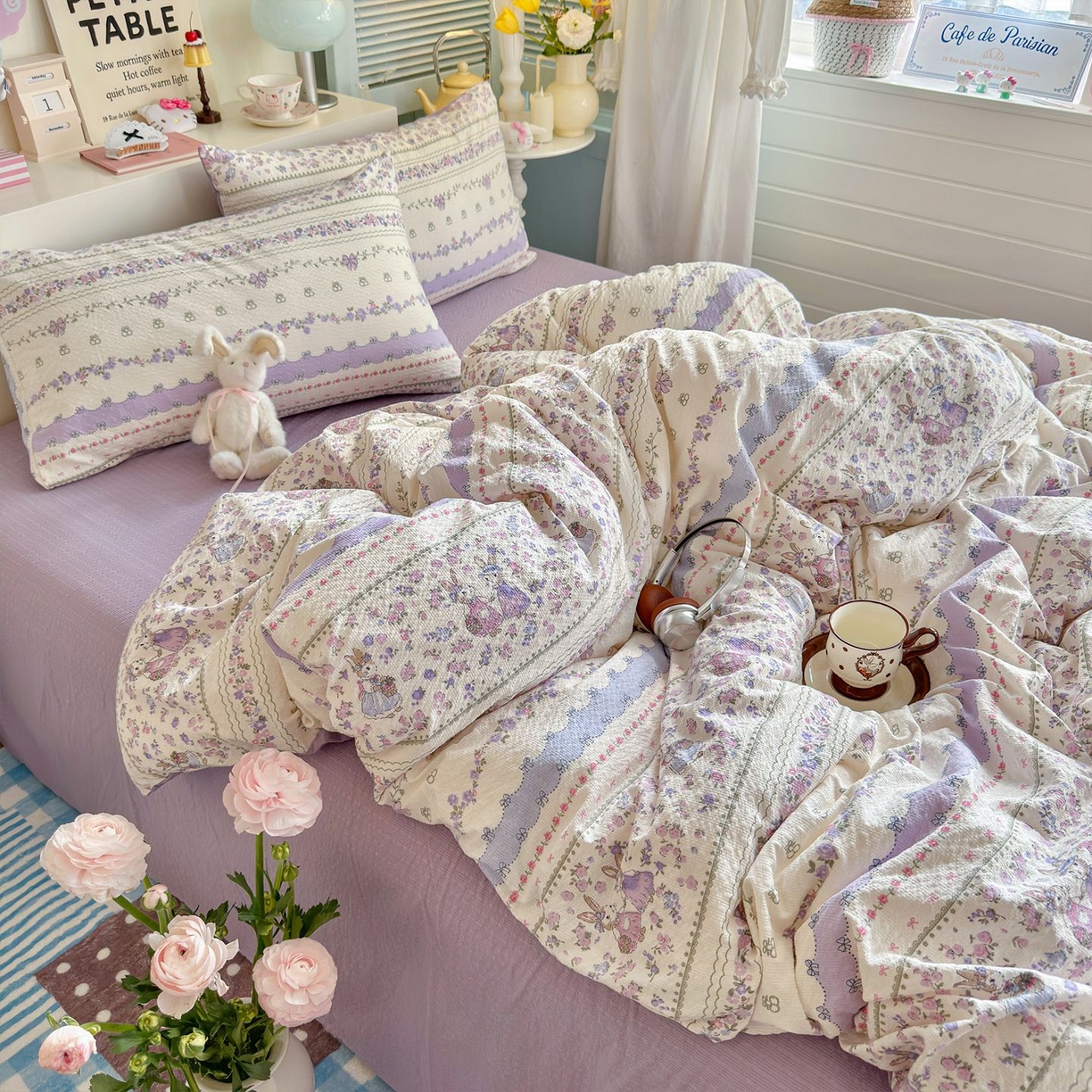 91家纺网 家纺一手货源 找家纺 优选 2026新款小清新110g高品质直播热卖款A类泡芙棉双层纱四件套 花清梦