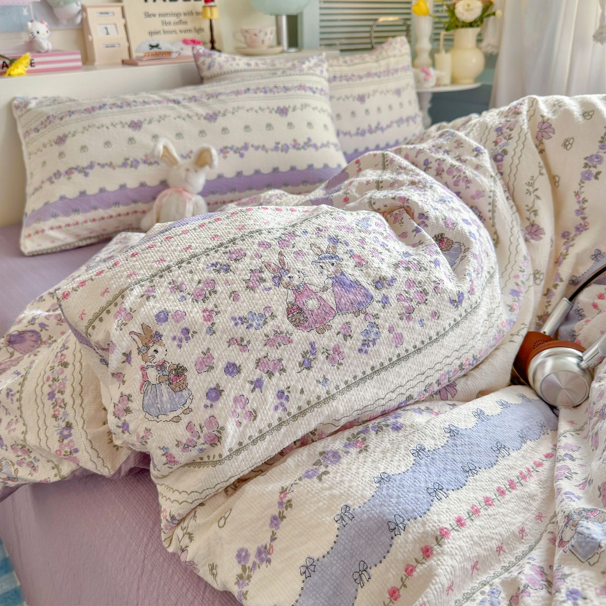 91家纺网 家纺一手货源 找家纺 优选 2026新款小清新110g高品质直播热卖款A类泡芙棉双层纱四件套 花清梦