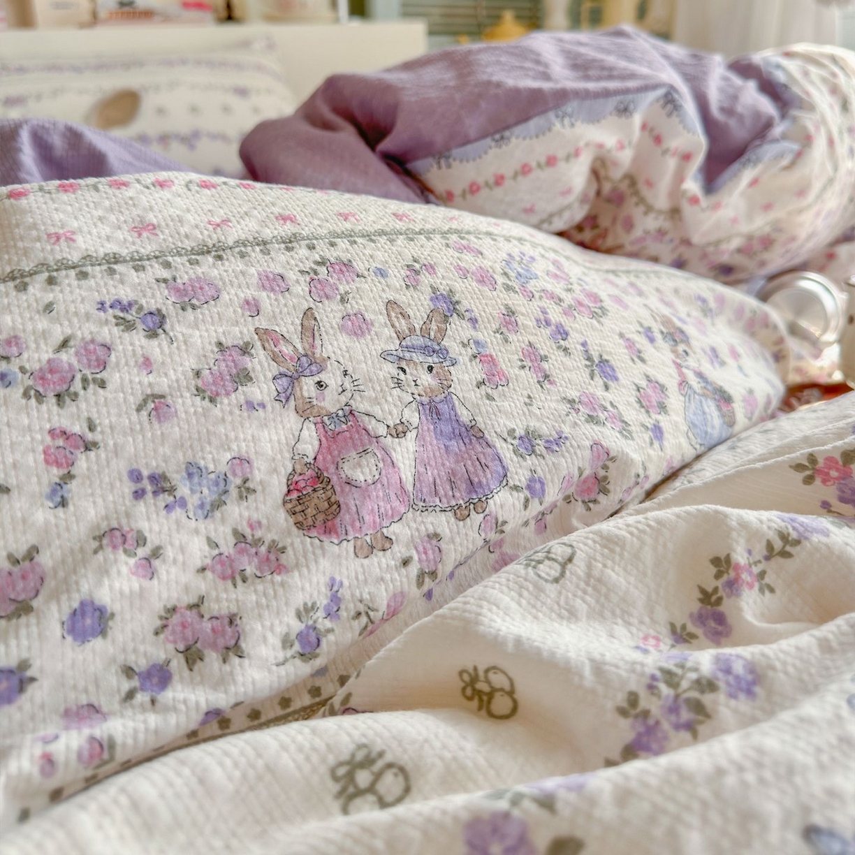 91家纺网 家纺一手货源 找家纺 优选 2026新款小清新110g高品质直播热卖款A类泡芙棉双层纱四件套 花清梦