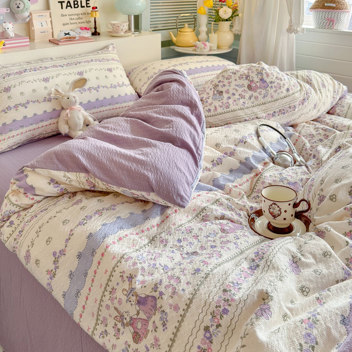 91家纺网 家纺一手货源 找家纺 优选 2026新款小清新110g高品质直播热卖款A类泡芙棉双层纱四件套 花清梦