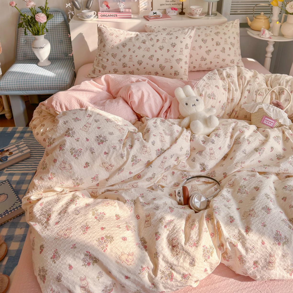 91家纺网 家纺一手货源 找家纺 优选 2026新款110g小清新高克重高品质直播热卖款A类泡芙棉双层纱四件套 花与兔