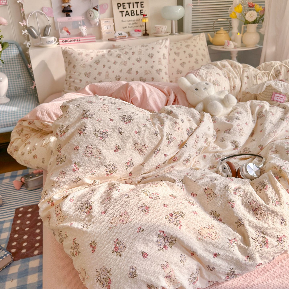 91家纺网 家纺一手货源 找家纺 优选 2026新款110g小清新高克重高品质直播热卖款A类泡芙棉双层纱四件套 花与兔