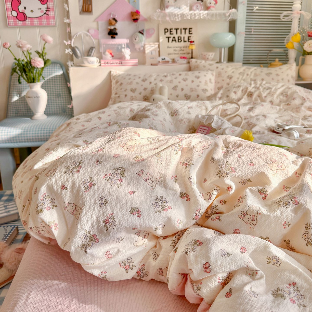 91家纺网 家纺一手货源 找家纺 优选 2026新款110g小清新高克重高品质直播热卖款A类泡芙棉双层纱四件套 花与兔