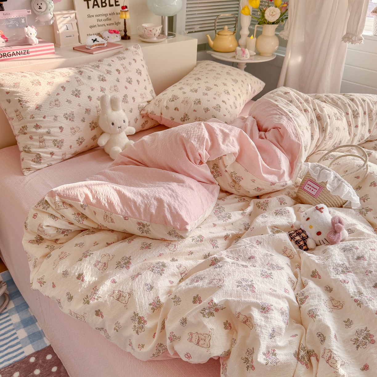 91家纺网 家纺一手货源 找家纺 优选 2026新款110g小清新高克重高品质直播热卖款A类泡芙棉双层纱四件套 花与兔