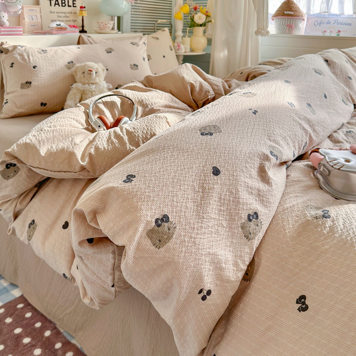 优选 2026新款110g小清新高克重高品质直播热卖款A类泡芙棉双层纱四件套 咖色凯蒂