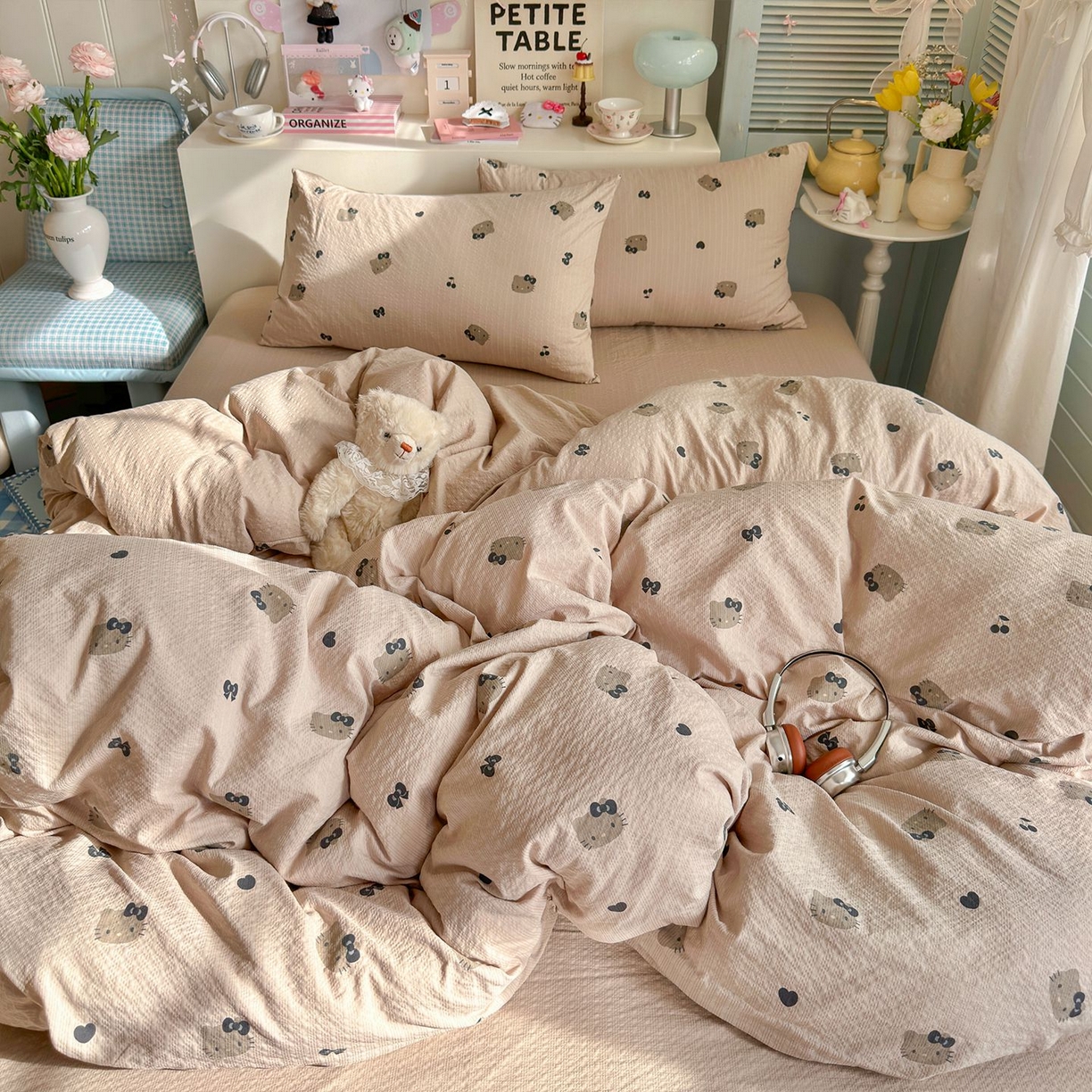 91家纺网 家纺一手货源 找家纺 优选 2026新款110g小清新高克重高品质直播热卖款A类泡芙棉双层纱四件套 咖色凯蒂