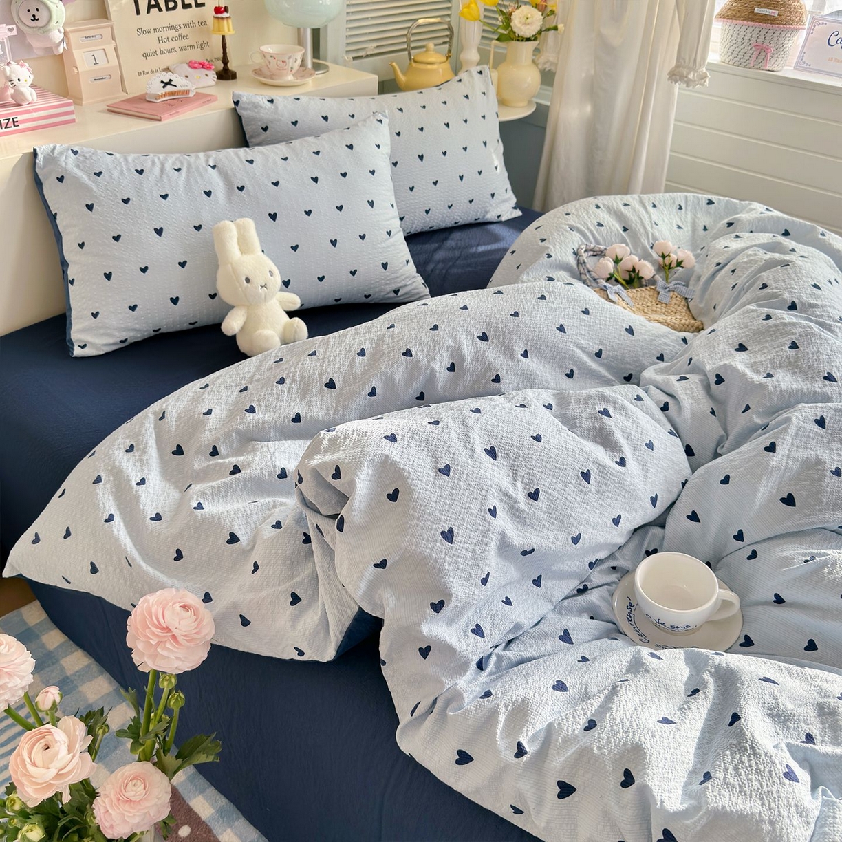 91家纺网 家纺一手货源 找家纺 优选 2026新款110g小清新高克重高品质直播热卖款A类泡芙棉双层纱四件套 蓝调心心