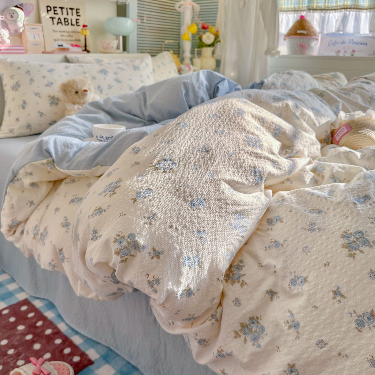 优选 2026新款110g小清新高克重高品质直播热卖款A类泡芙棉双层纱四件套 蓝萱