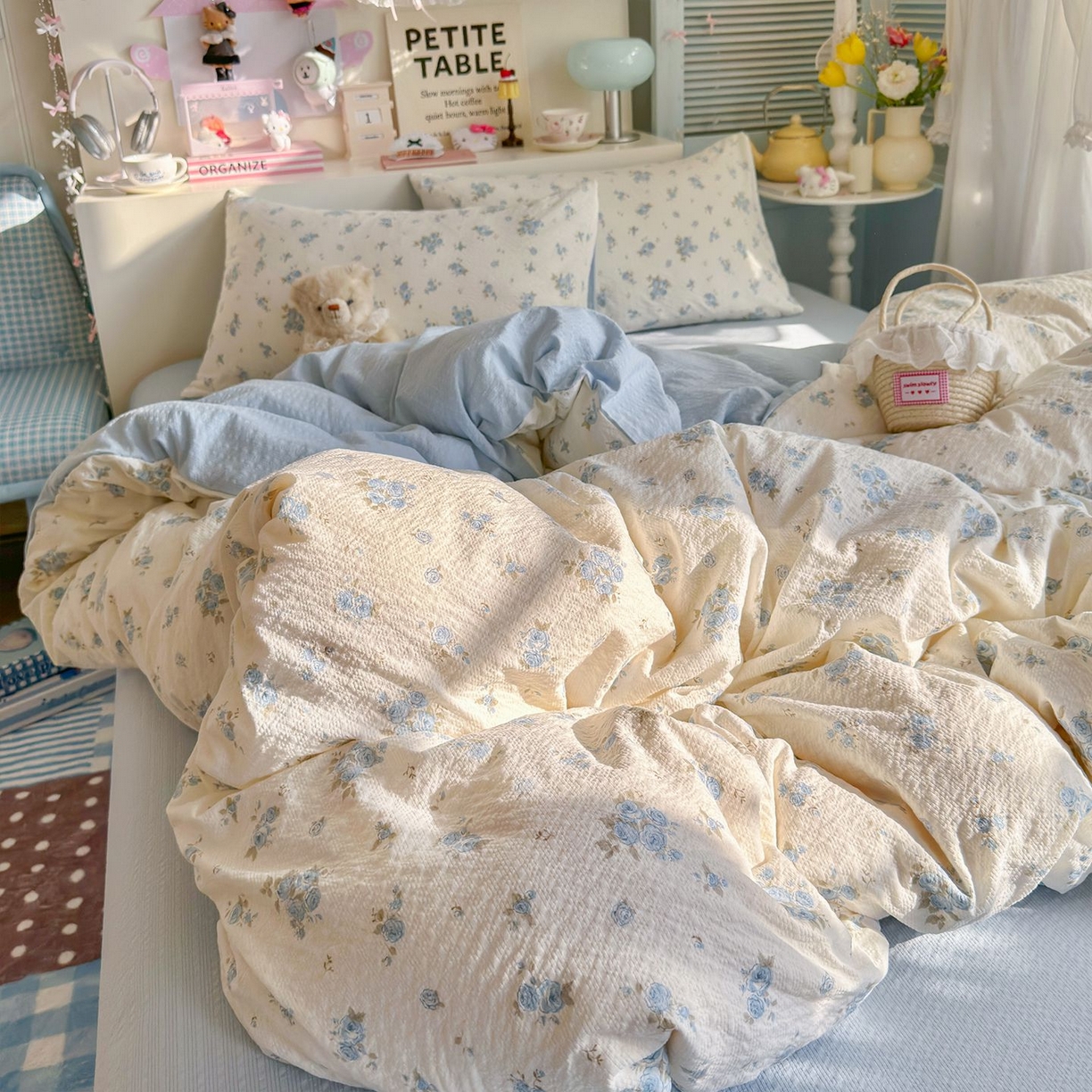 91家纺网 家纺一手货源 找家纺 优选 2026新款110g小清新高克重高品质直播热卖款A类泡芙棉双层纱四件套 蓝萱