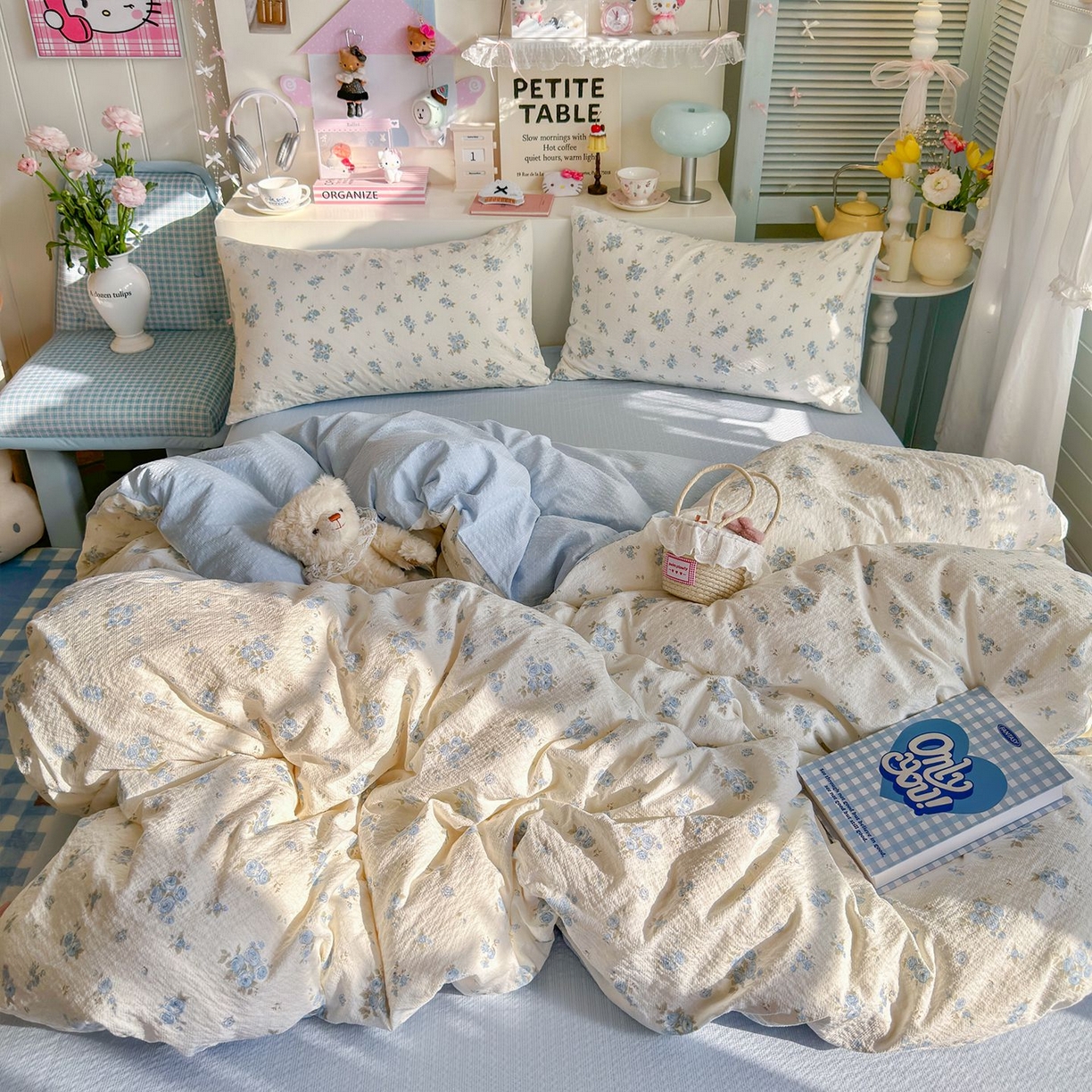 91家纺网 家纺一手货源 找家纺 优选 2026新款110g小清新高克重高品质直播热卖款A类泡芙棉双层纱四件套 蓝萱