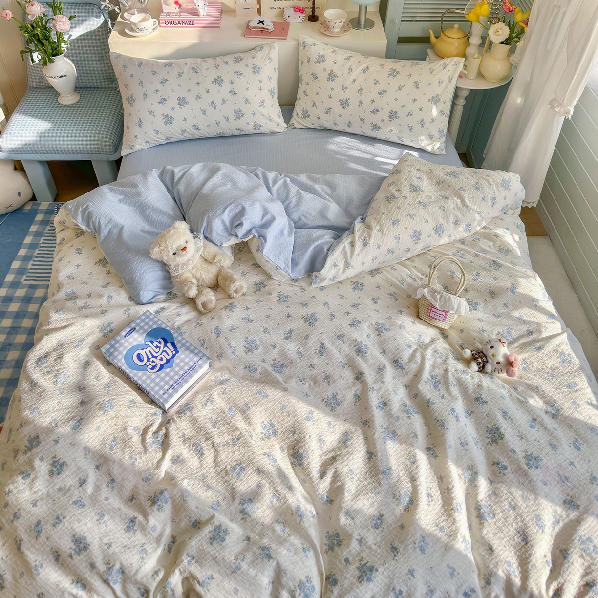 91家纺网 家纺一手货源 找家纺 优选 2026新款110g小清新高克重高品质直播热卖款A类泡芙棉双层纱四件套 蓝萱