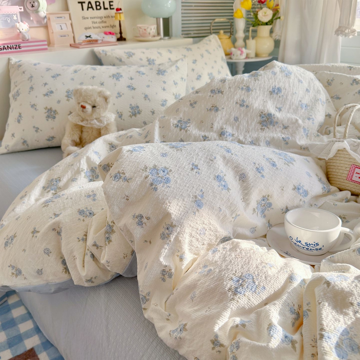 91家纺网 家纺一手货源 找家纺 优选 2026新款110g小清新高克重高品质直播热卖款A类泡芙棉双层纱四件套 蓝萱