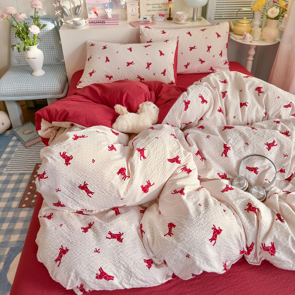 91家纺网 家纺一手货源 找家纺 优选 2026新款110g小清新高克重高品质直播热卖款A类泡芙棉双层纱四件套 马上有钱