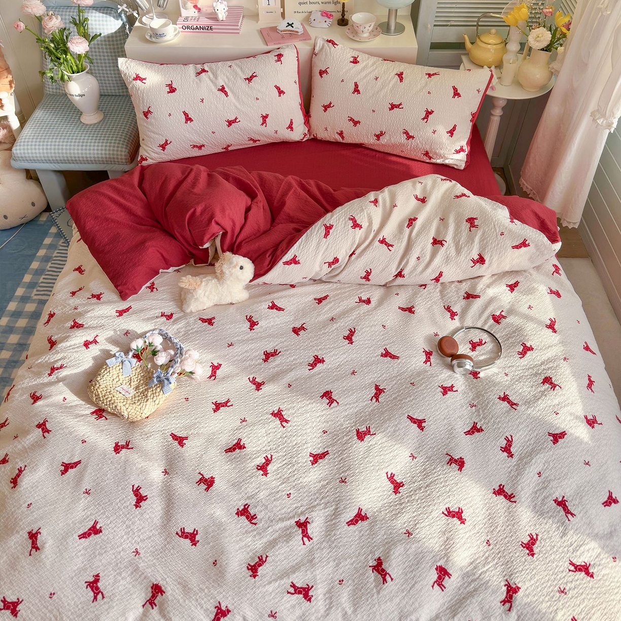 91家纺网 家纺一手货源 找家纺 优选 2026新款110g小清新高克重高品质直播热卖款A类泡芙棉双层纱四件套 马上有钱