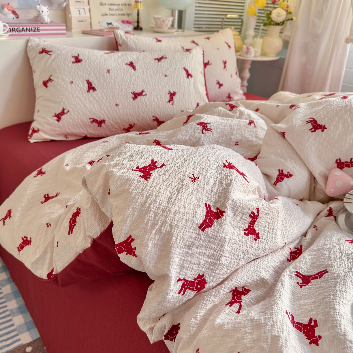 91家纺网 家纺一手货源 找家纺 优选 2026新款110g小清新高克重高品质直播热卖款A类泡芙棉双层纱四件套 马上有钱