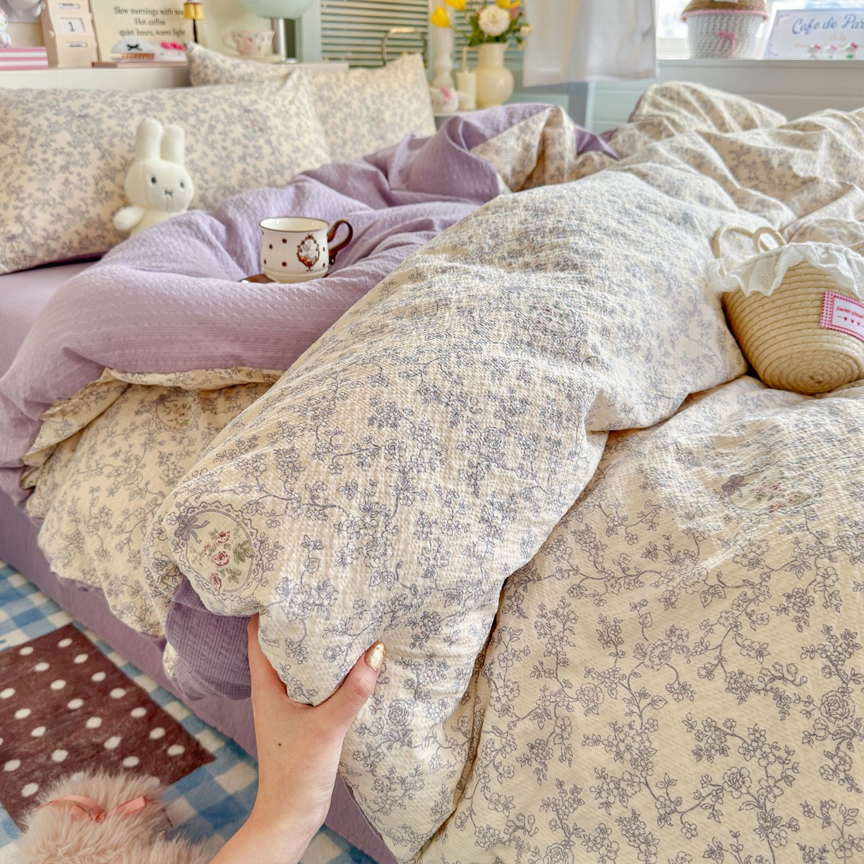 91家纺网 家纺一手货源 找家纺 优选 2026新款110g小清新高克重高品质直播热卖款A类泡芙棉双层纱四件套 曼塔庄园