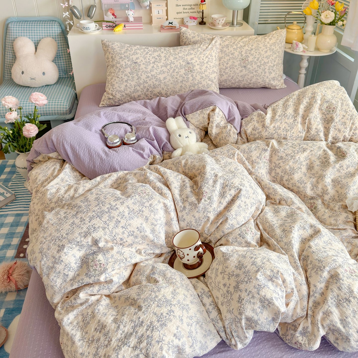 91家纺网 家纺一手货源 找家纺 优选 2026新款110g小清新高克重高品质直播热卖款A类泡芙棉双层纱四件套 曼塔庄园