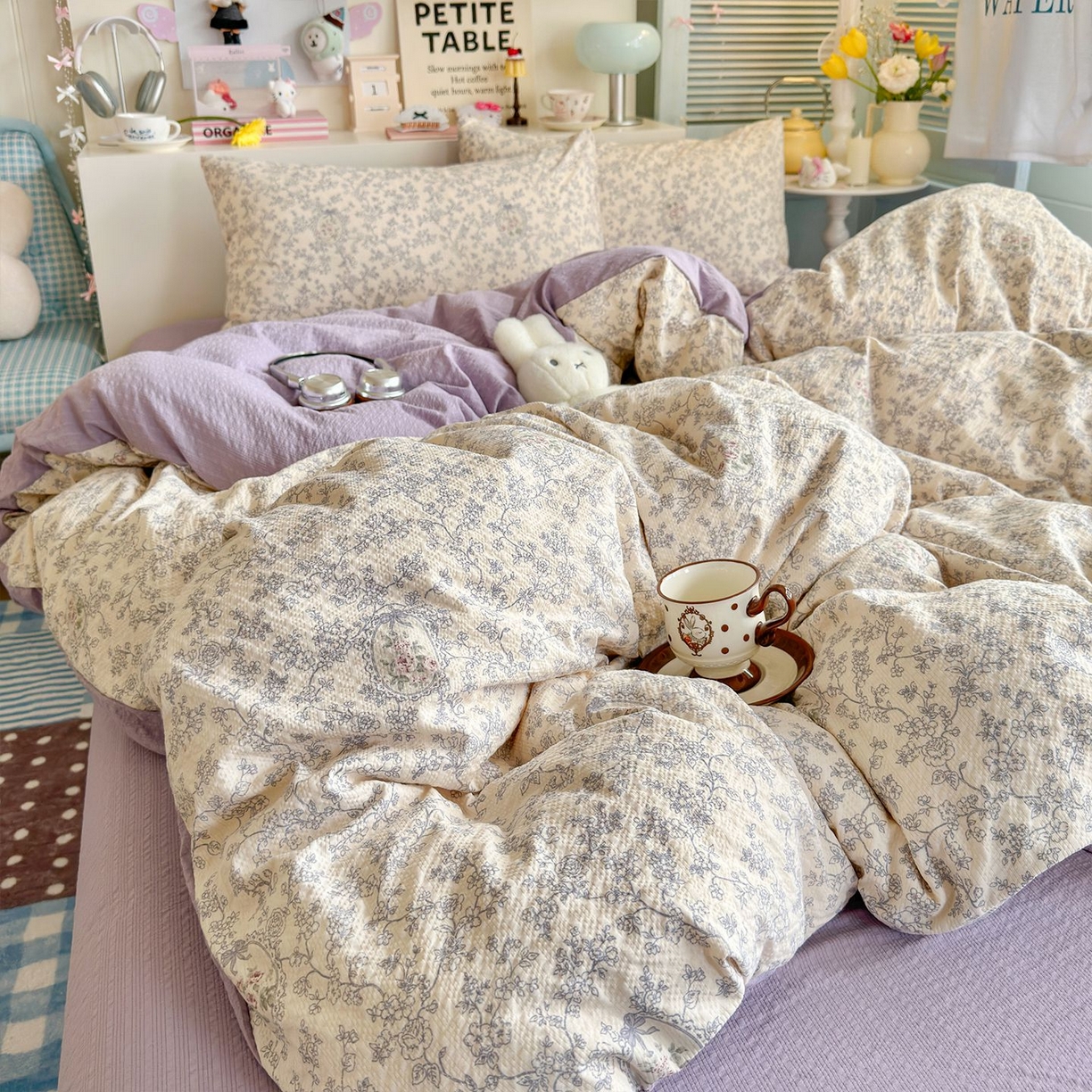 91家纺网 家纺一手货源 找家纺 优选 2026新款110g小清新高克重高品质直播热卖款A类泡芙棉双层纱四件套 曼塔庄园