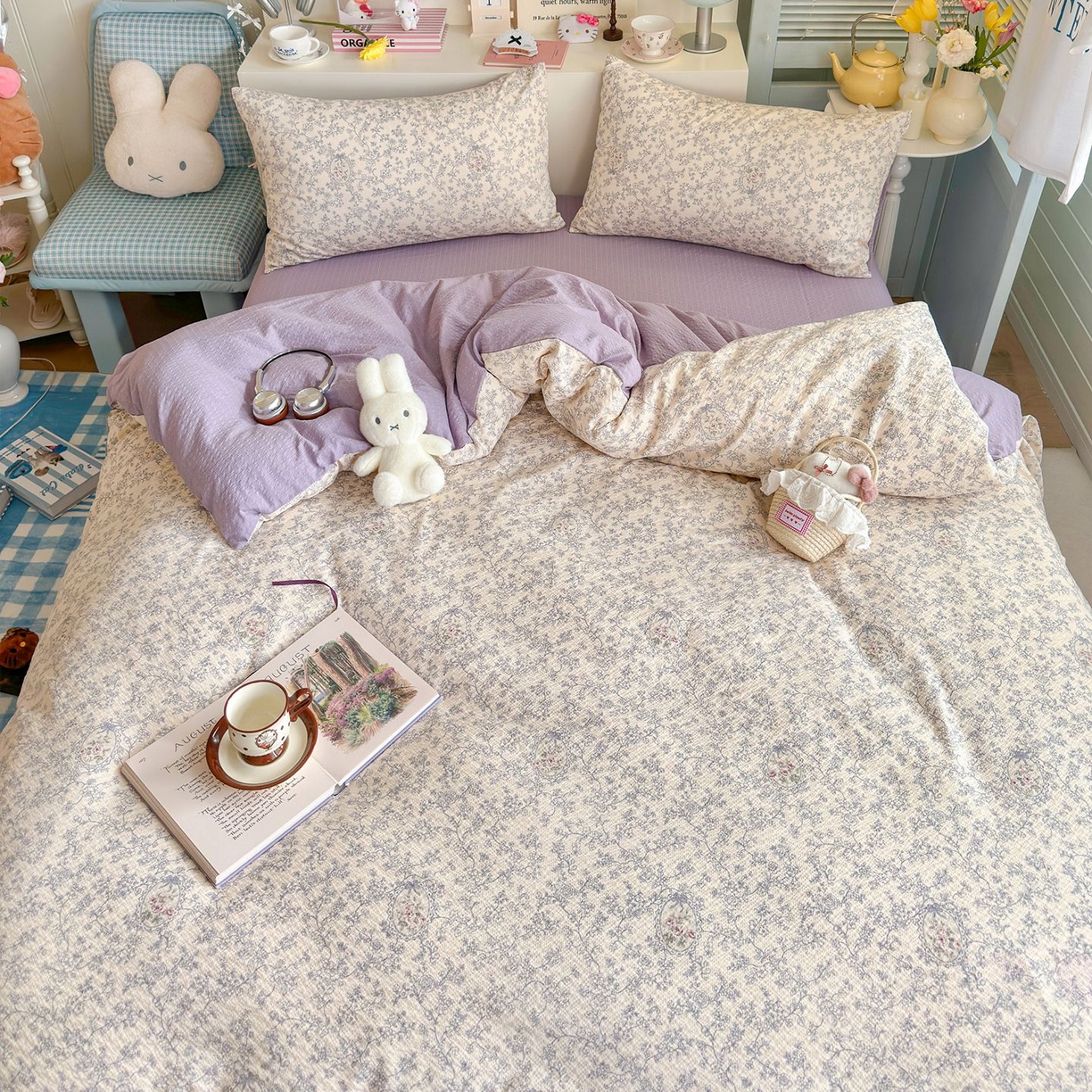 91家纺网 家纺一手货源 找家纺 优选 2026新款110g小清新高克重高品质直播热卖款A类泡芙棉双层纱四件套 曼塔庄园