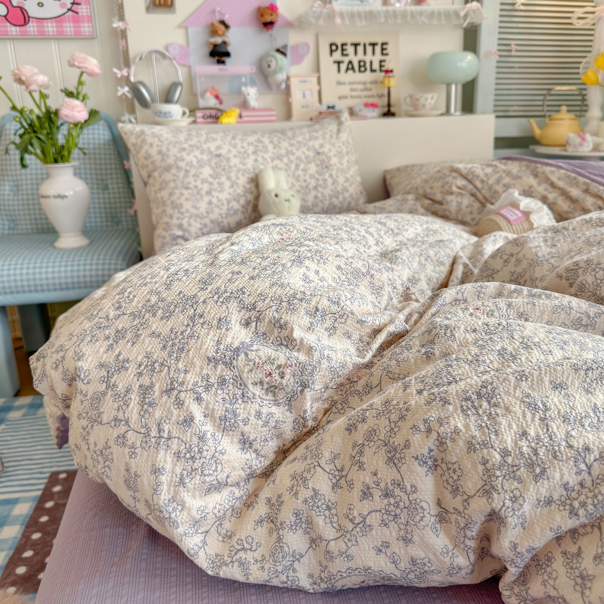 91家纺网 家纺一手货源 找家纺 优选 2026新款110g小清新高克重高品质直播热卖款A类泡芙棉双层纱四件套 曼塔庄园