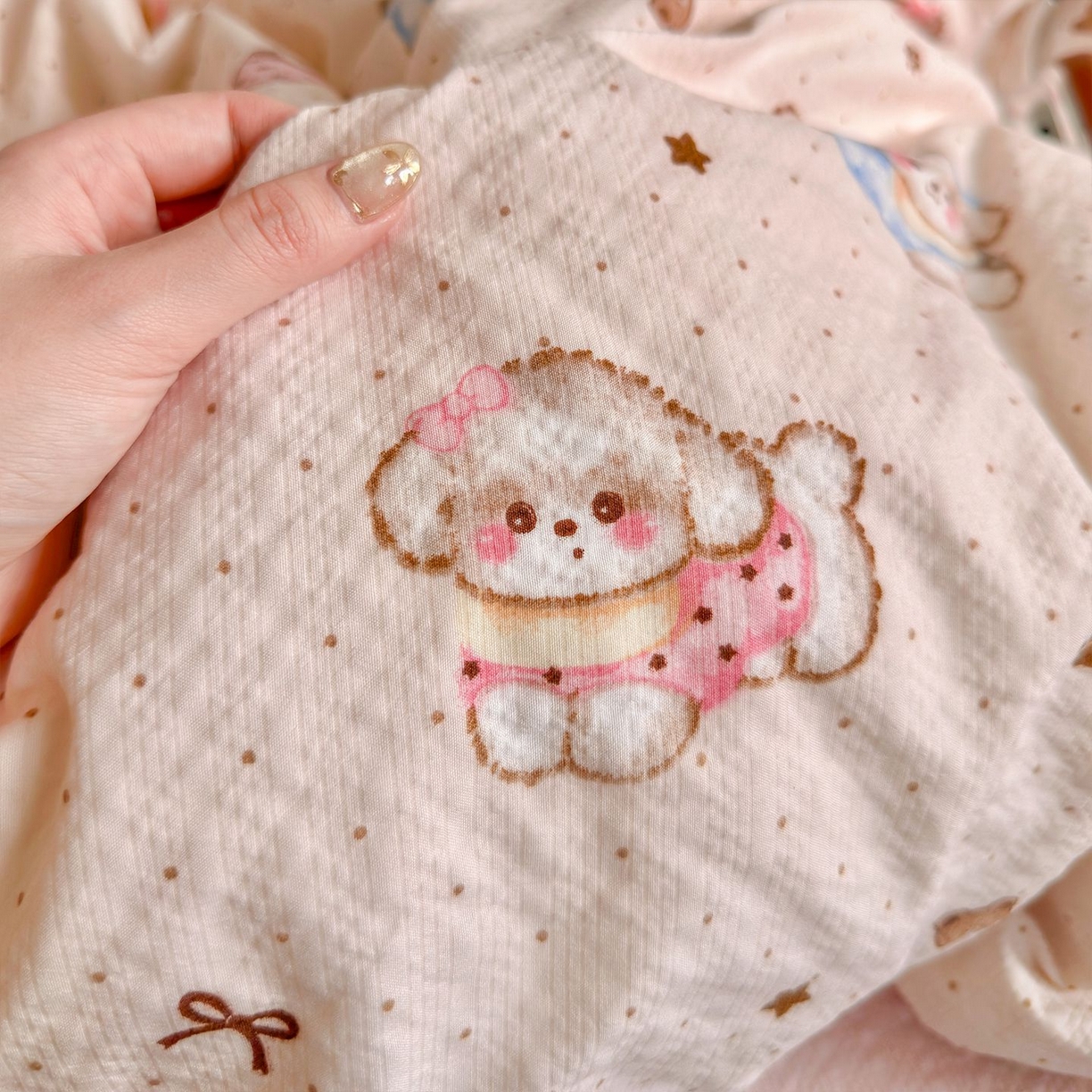 91家纺网 家纺一手货源 找家纺 优选 2026新款110g小清新高克重高品质直播热卖款A类泡芙棉双层纱四件套 萌萌狗