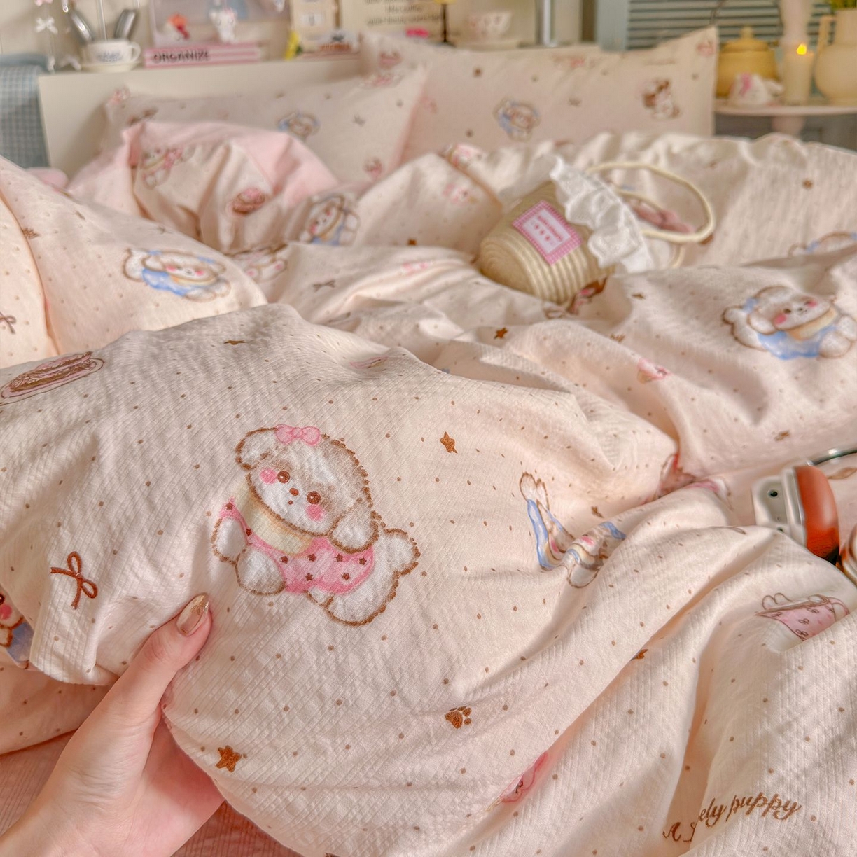 91家纺网 家纺一手货源 找家纺 优选 2026新款110g小清新高克重高品质直播热卖款A类泡芙棉双层纱四件套 萌萌狗