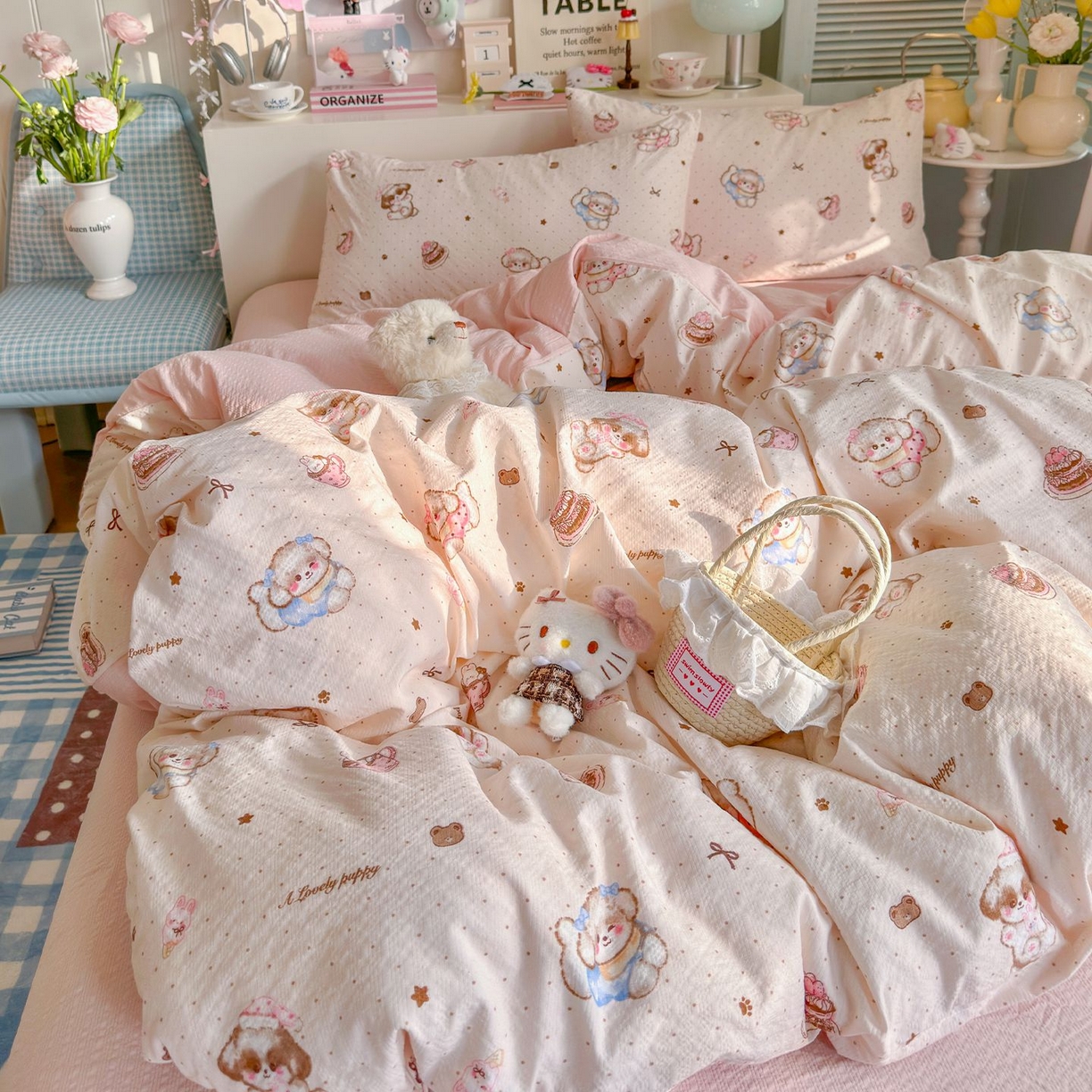 91家纺网 家纺一手货源 找家纺 优选 2026新款110g小清新高克重高品质直播热卖款A类泡芙棉双层纱四件套 萌萌狗