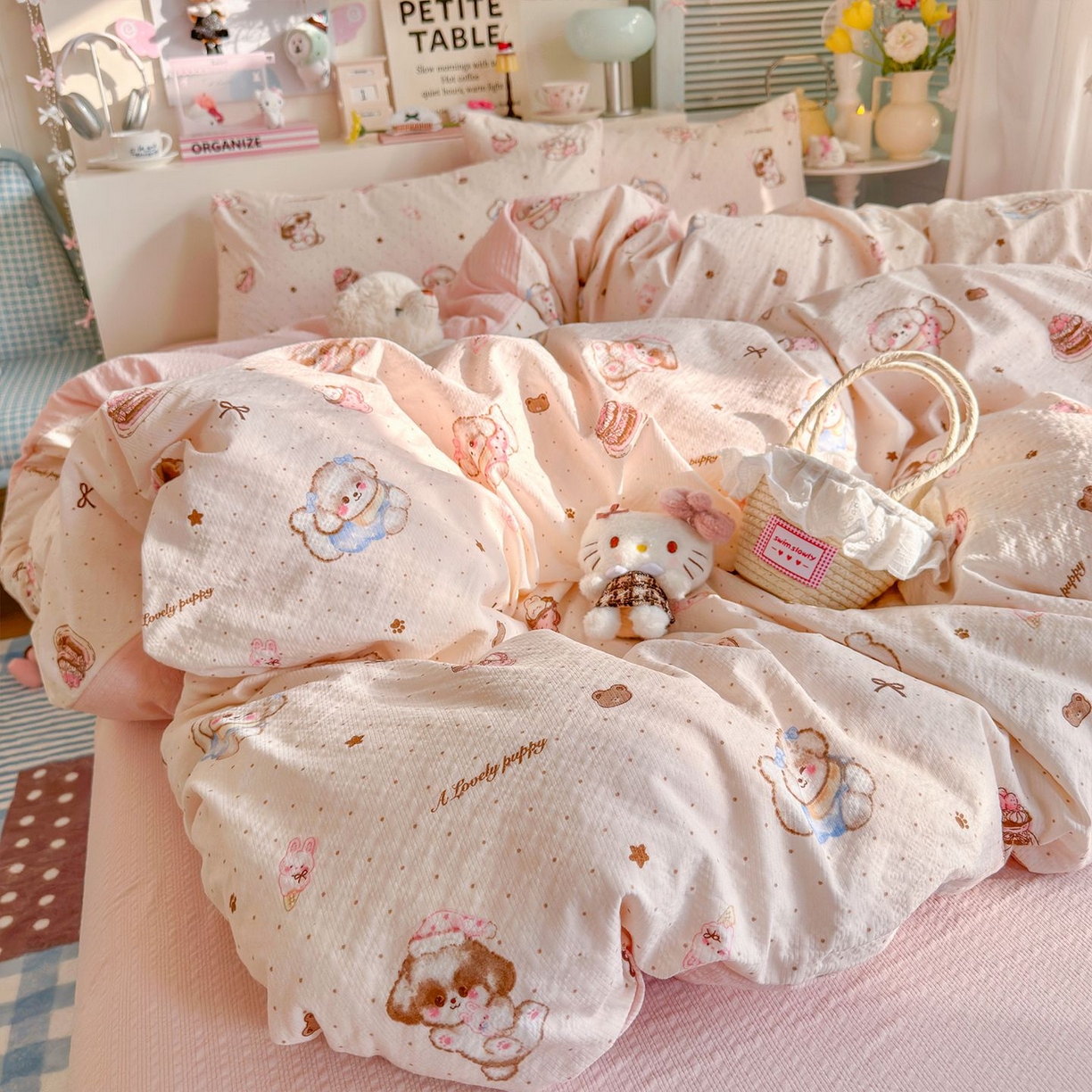 91家纺网 家纺一手货源 找家纺 优选 2026新款110g小清新高克重高品质直播热卖款A类泡芙棉双层纱四件套 萌萌狗