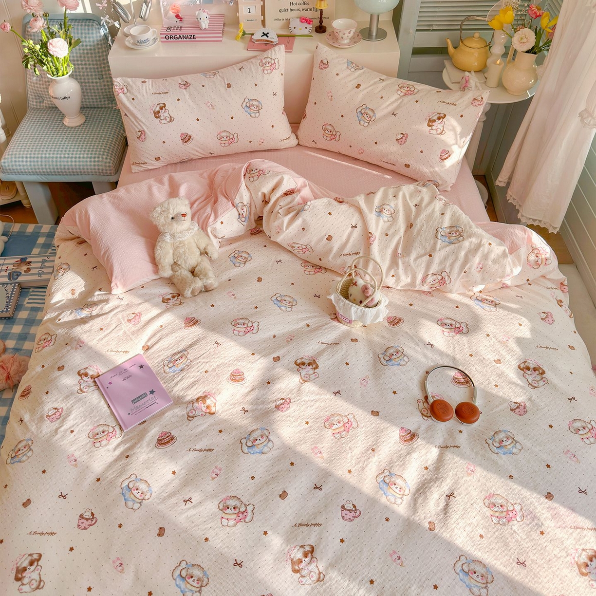 91家纺网 家纺一手货源 找家纺 优选 2026新款110g小清新高克重高品质直播热卖款A类泡芙棉双层纱四件套 萌萌狗