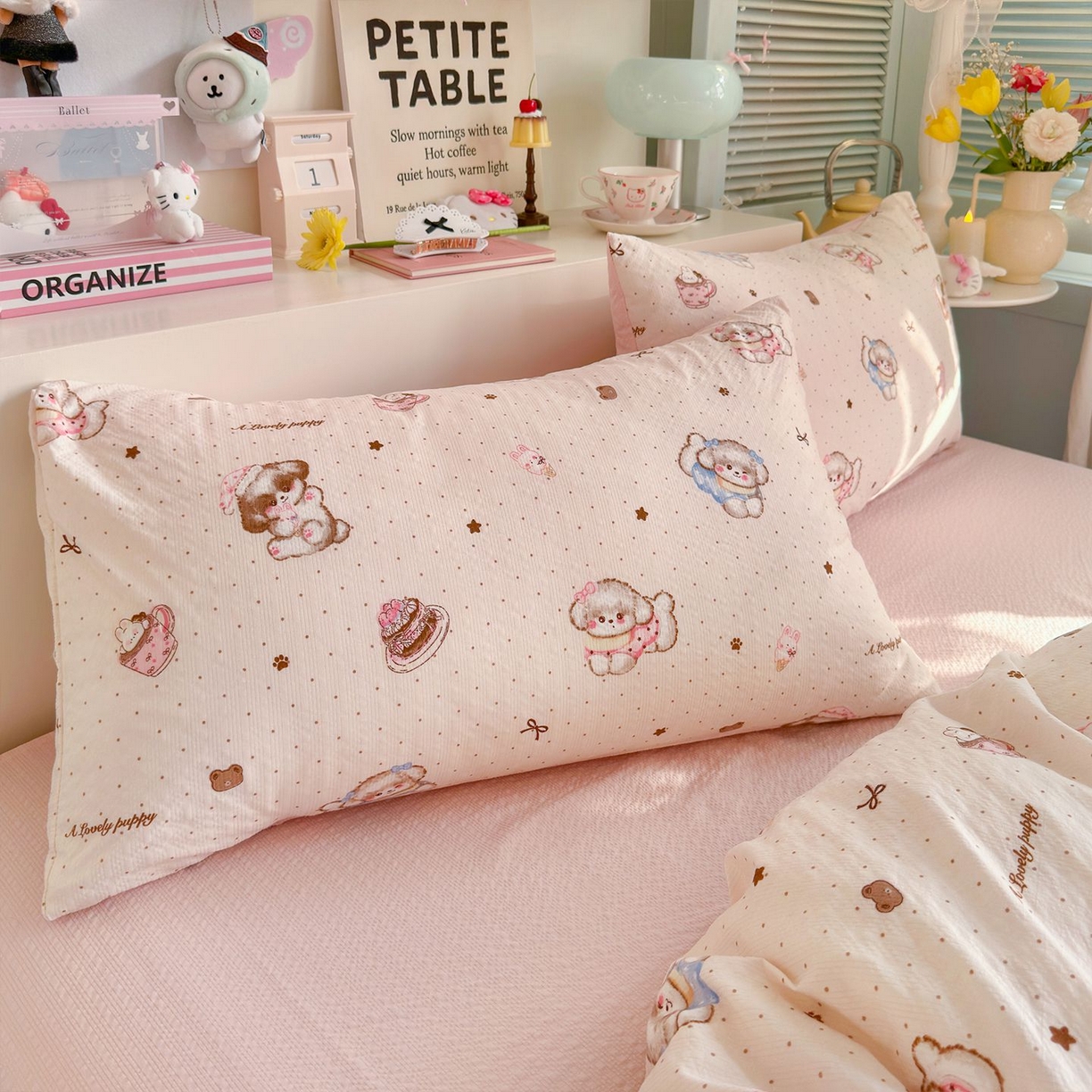 91家纺网 家纺一手货源 找家纺 优选 2026新款110g小清新高克重高品质直播热卖款A类泡芙棉双层纱四件套 萌萌狗