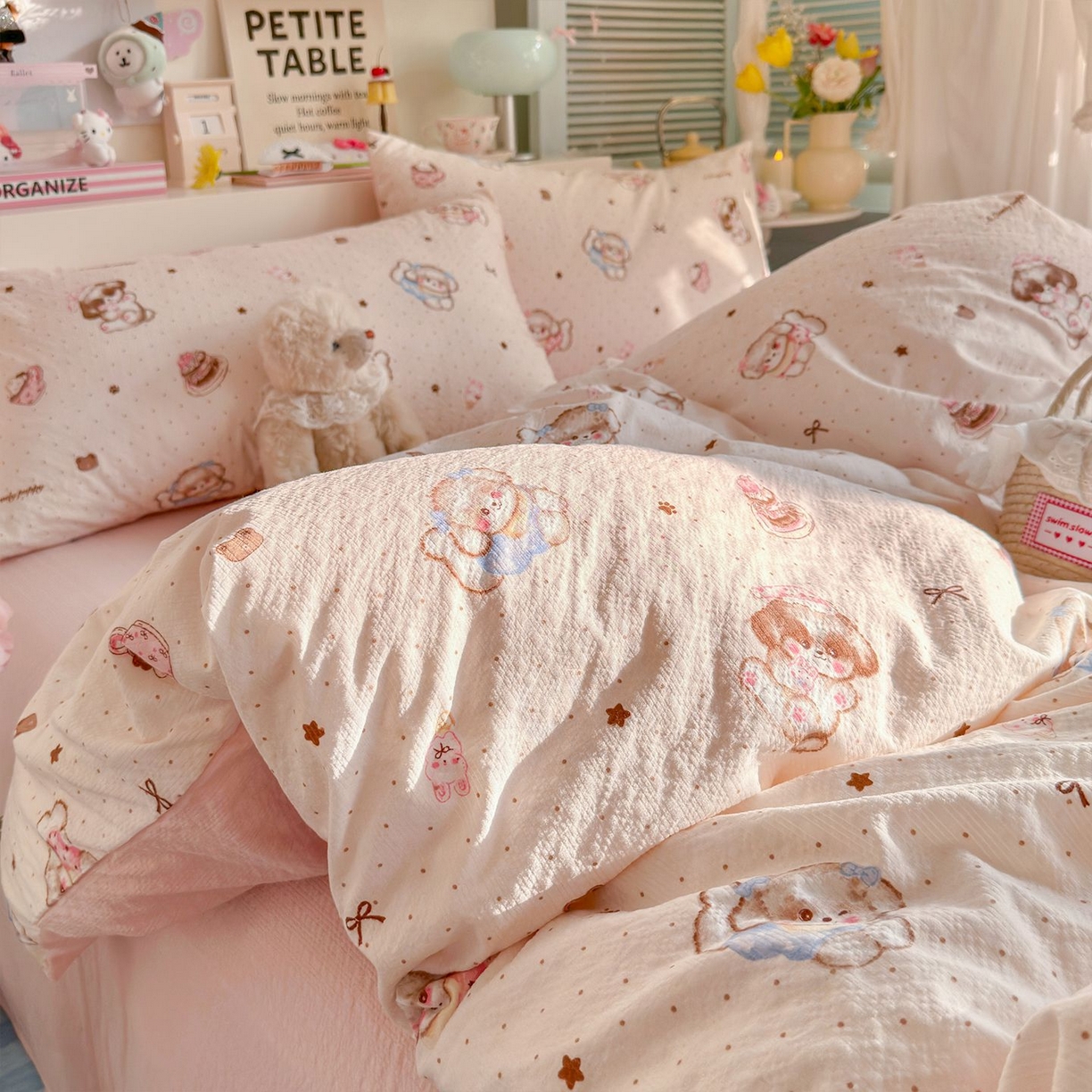 91家纺网 家纺一手货源 找家纺 优选 2026新款110g小清新高克重高品质直播热卖款A类泡芙棉双层纱四件套 萌萌狗