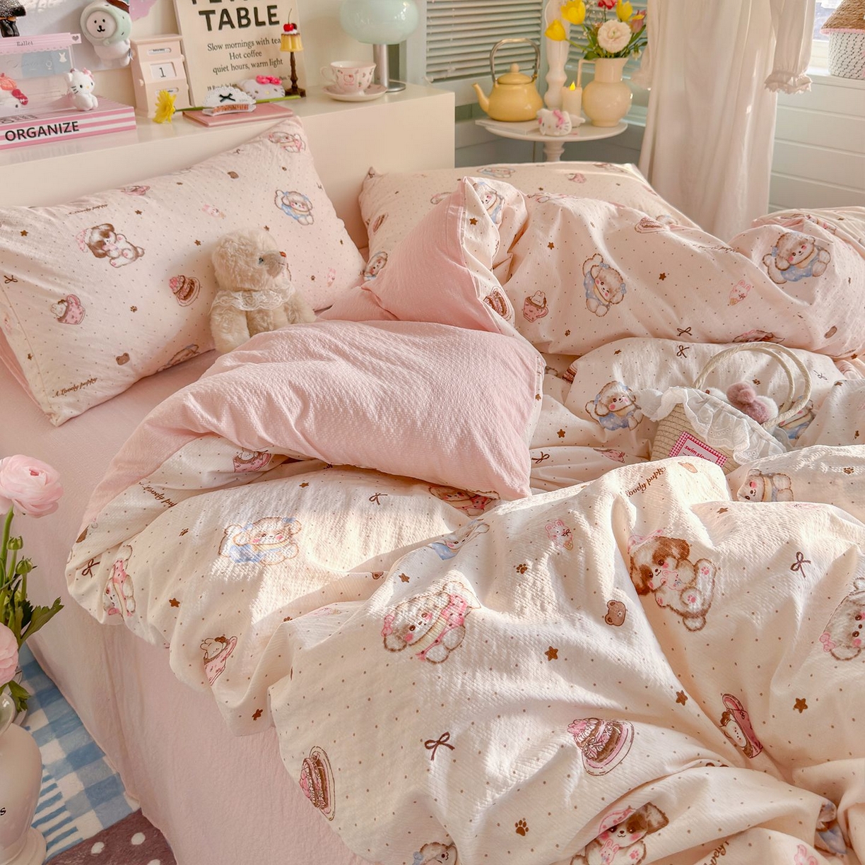 91家纺网 家纺一手货源 找家纺 优选 2026新款110g小清新高克重高品质直播热卖款A类泡芙棉双层纱四件套 萌萌狗